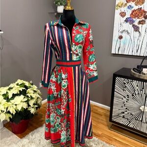 Beulah Red and Green Floral Striped Long Sleeve Dress